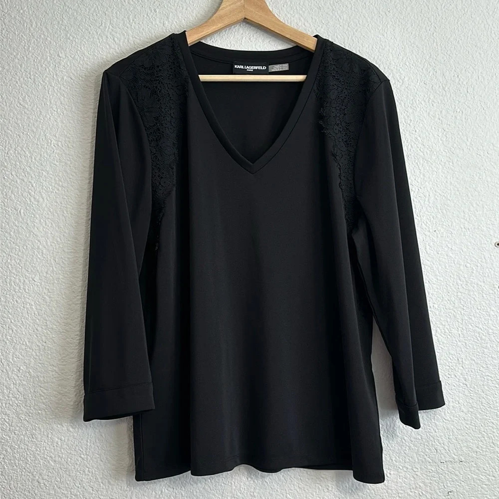 Karl Lagerfeld Paris Black V Neck Floral Lace 3/4‎ Sleeve Womens Top Size Large